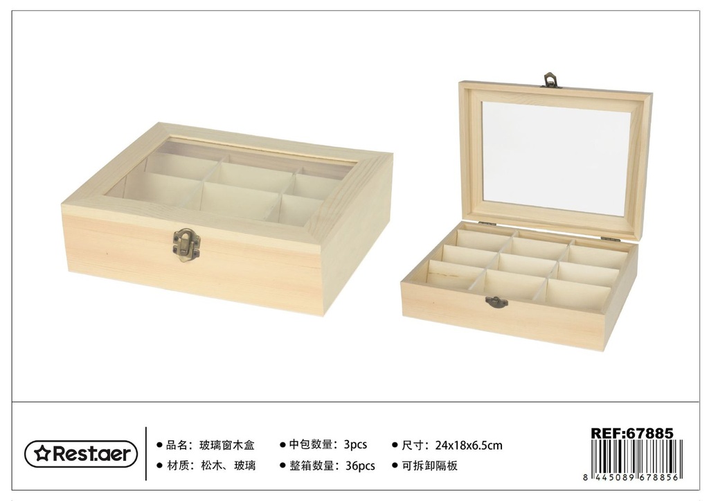 Caja de madera rectangular con ventana de cristal 24x18x6.5cm para organización