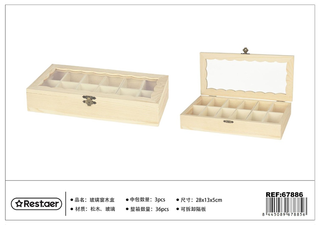 Caja de madera con ventana de vidrio 28x13x5cm para almacenamiento