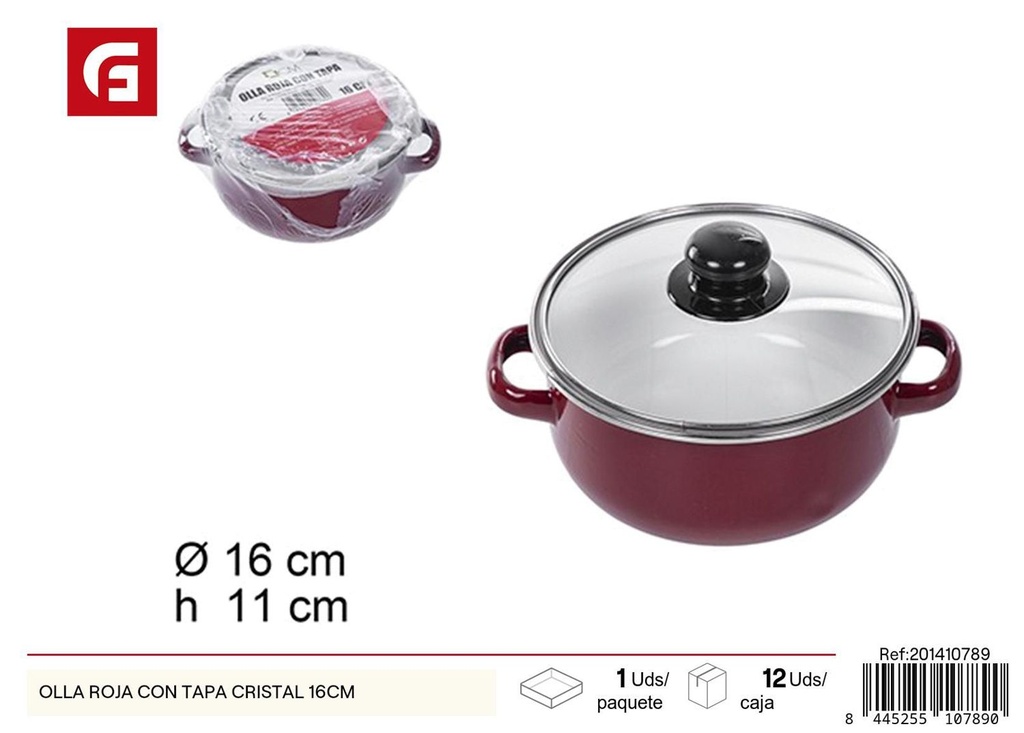 Olla roja con tapa de cristal 16cm