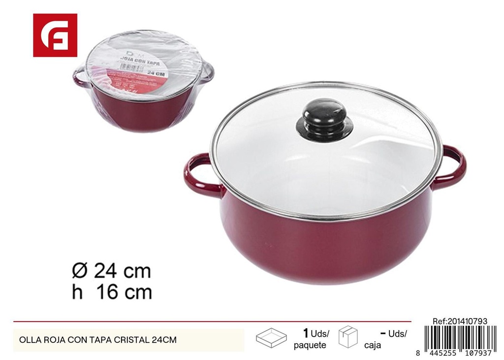 Olla roja con tapa de cristal 24cm para cocinar