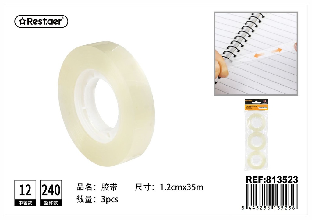 Cinta adhesiva transparente 1.2cm*35m 3 piezas - Artículos de ferretería