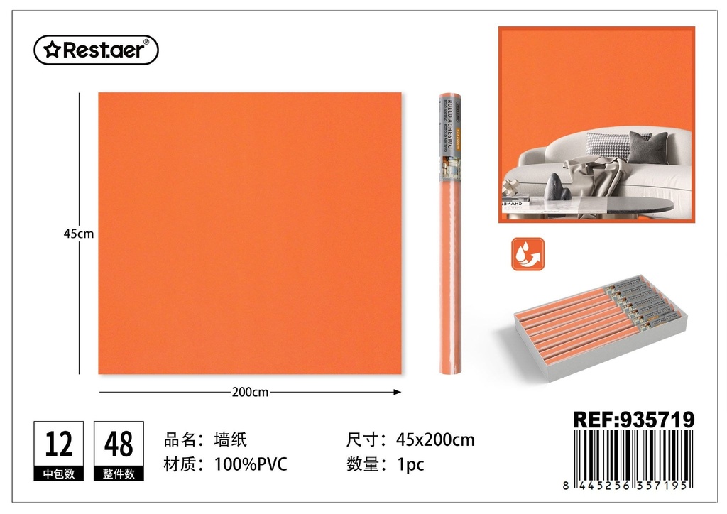 Papel tapiz naranja 45CM*2.0M - Rollo adhesivo para decoración del hogar