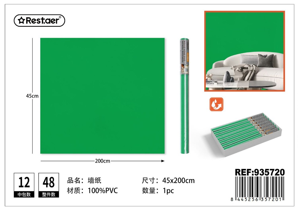 Papel tapiz verde 45CM*2.0M - Rollo adhesivo para decoración del hogar