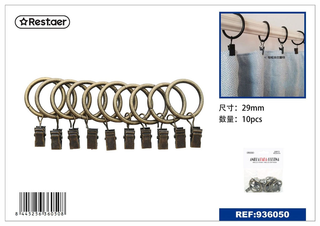 Anillas de cortina metálicas con clip color bronce 10 pcs - Accesorios para cortinas