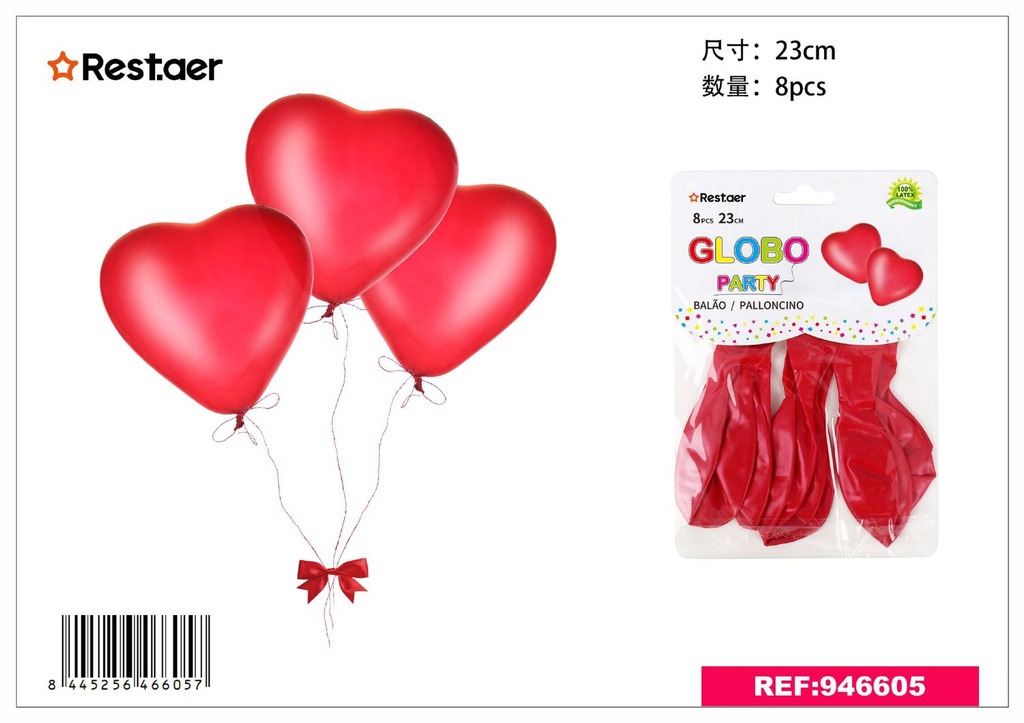 Globos corazón rojos 8pcs 23cm para fiestas