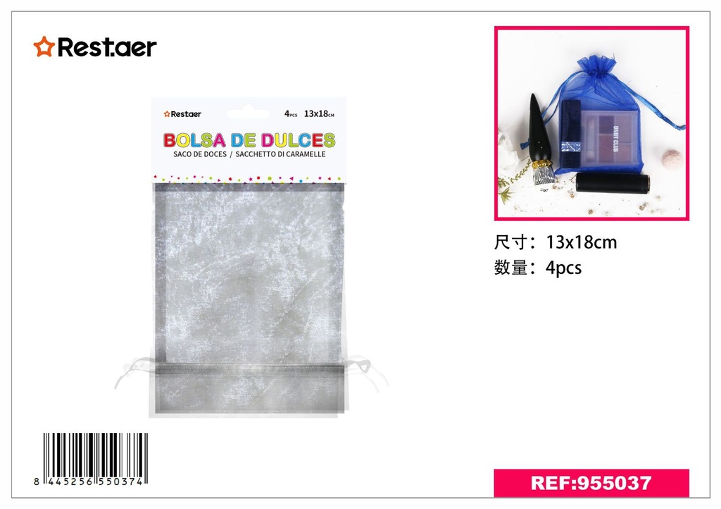 Bolsita de malla 4 piezas 13*18 cm plateada - Materiales para regalos
