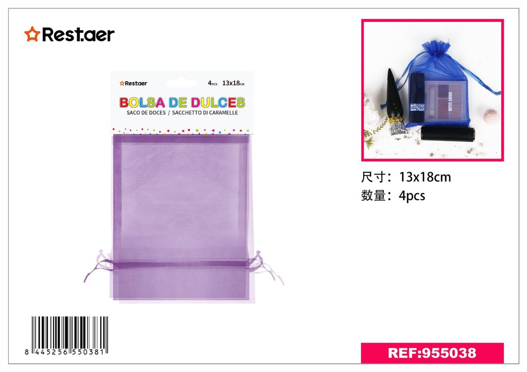 Bolsita de malla 4 piezas 13*18 cm morada - Materiales para regalos