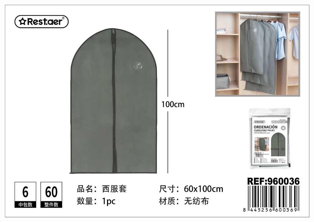 Funda para trajes 60 x 100 cm gris - Organización del hogar