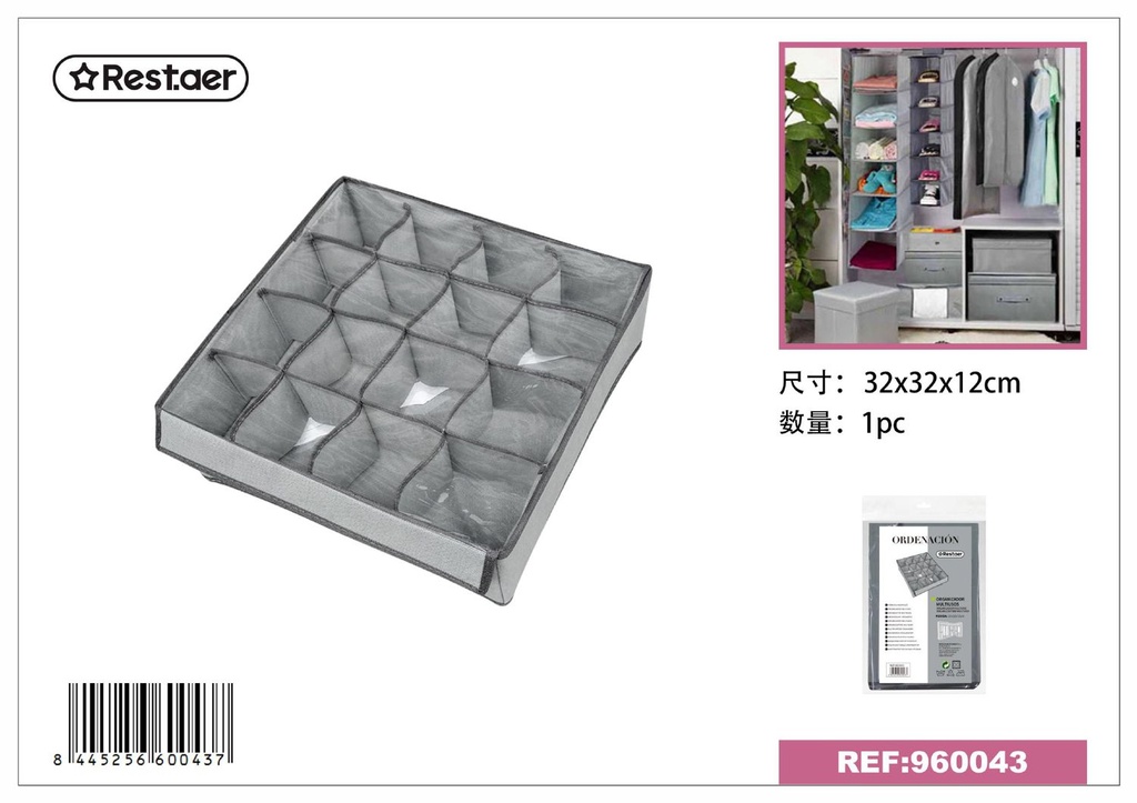 Organizador multiusos de tela no tejida con tapa 16 compartimentos 32x32x12cm gris