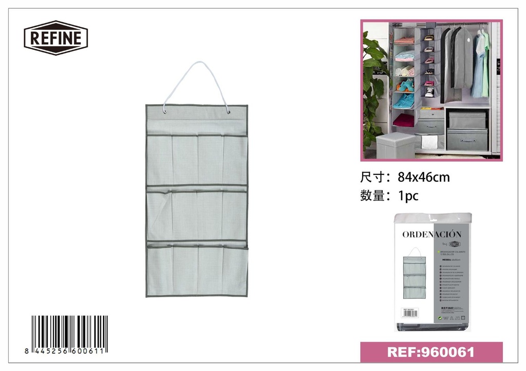 Organizador colgante de tela 12 bolsillos 46*84 cm gris - Almacenamiento