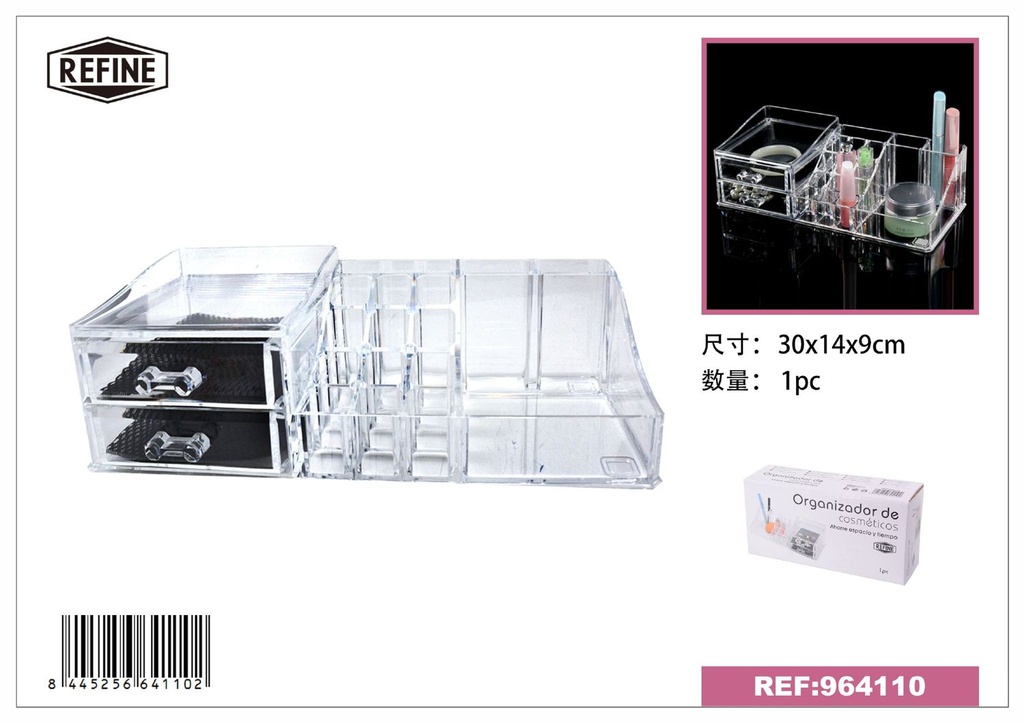 Organizador de cosméticos transparente 30x14x9cm para maquillaje