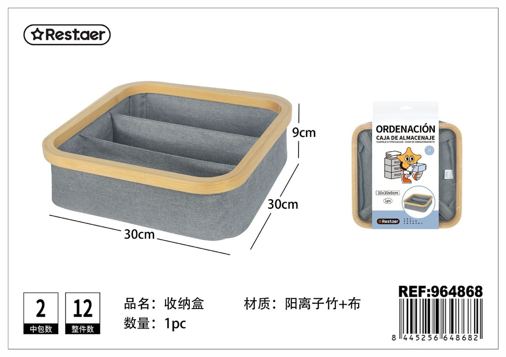 Caja de bambú con 3 compartimentos 30x30x9cm para almacenamiento