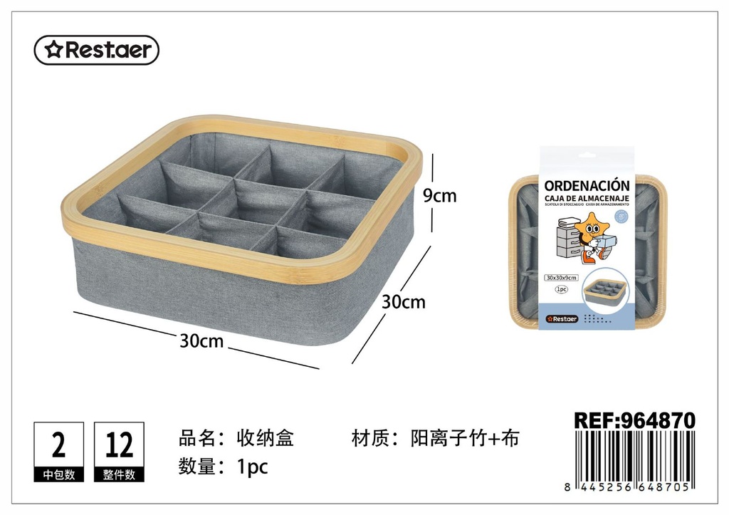 Caja de bambú con 9 compartimentos 30x30x9cm