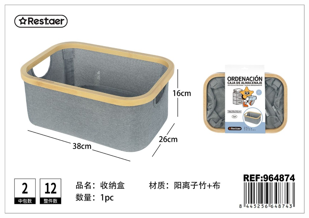 Caja de bambú con asas 38x26x16cm para almacenamiento y organización del hogar