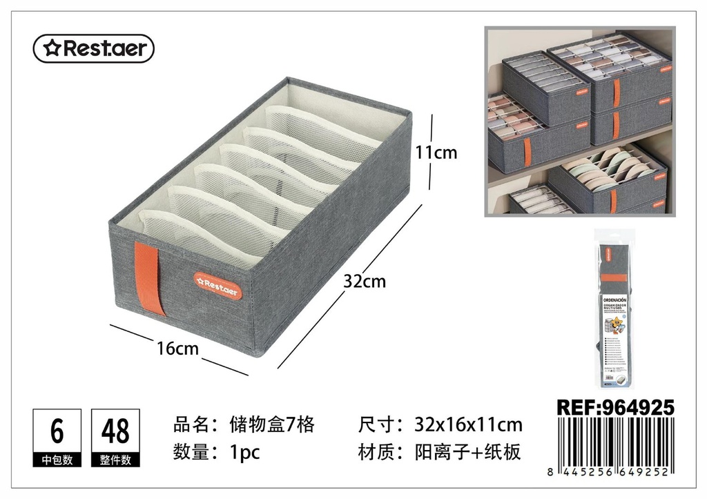 Cesta de almacenaje gris 32x16x11cm con 7 compartimentos