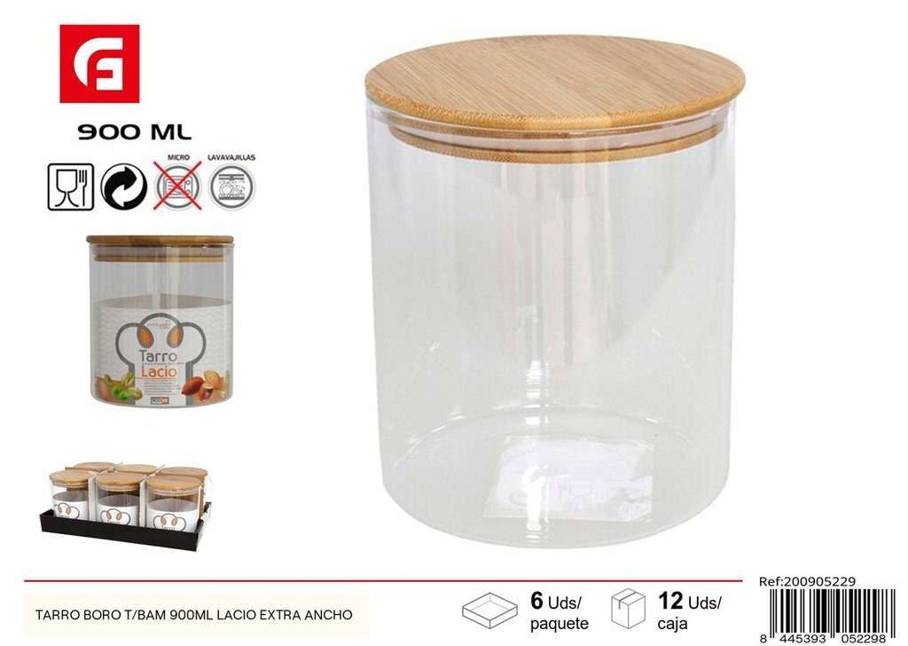 Tarro de vidrio borosilicato con tapa de bambú 900ml extra ancho para almacenamiento de alimentos