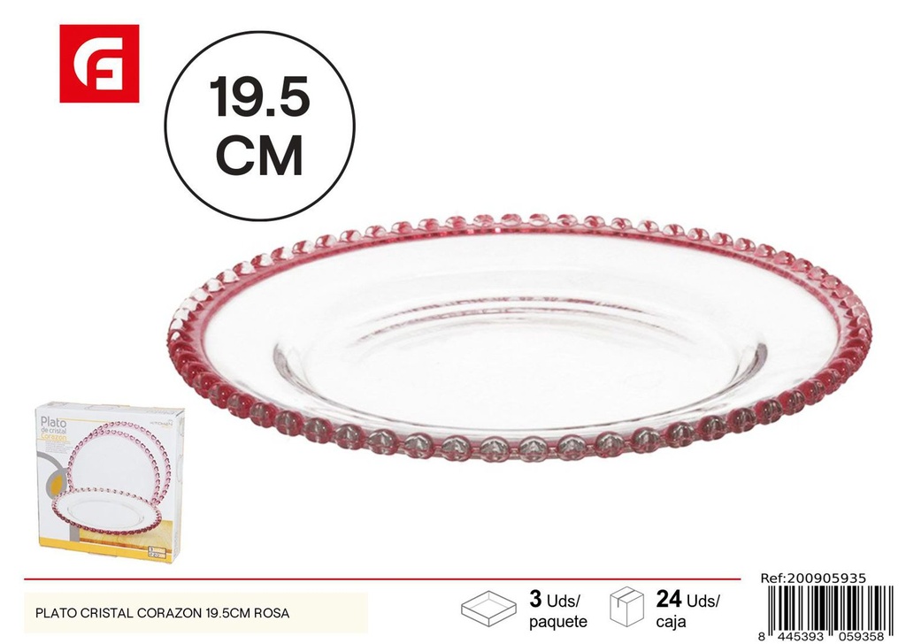 Plato de cristal corazón 19.5cm rosa para cocina y postres