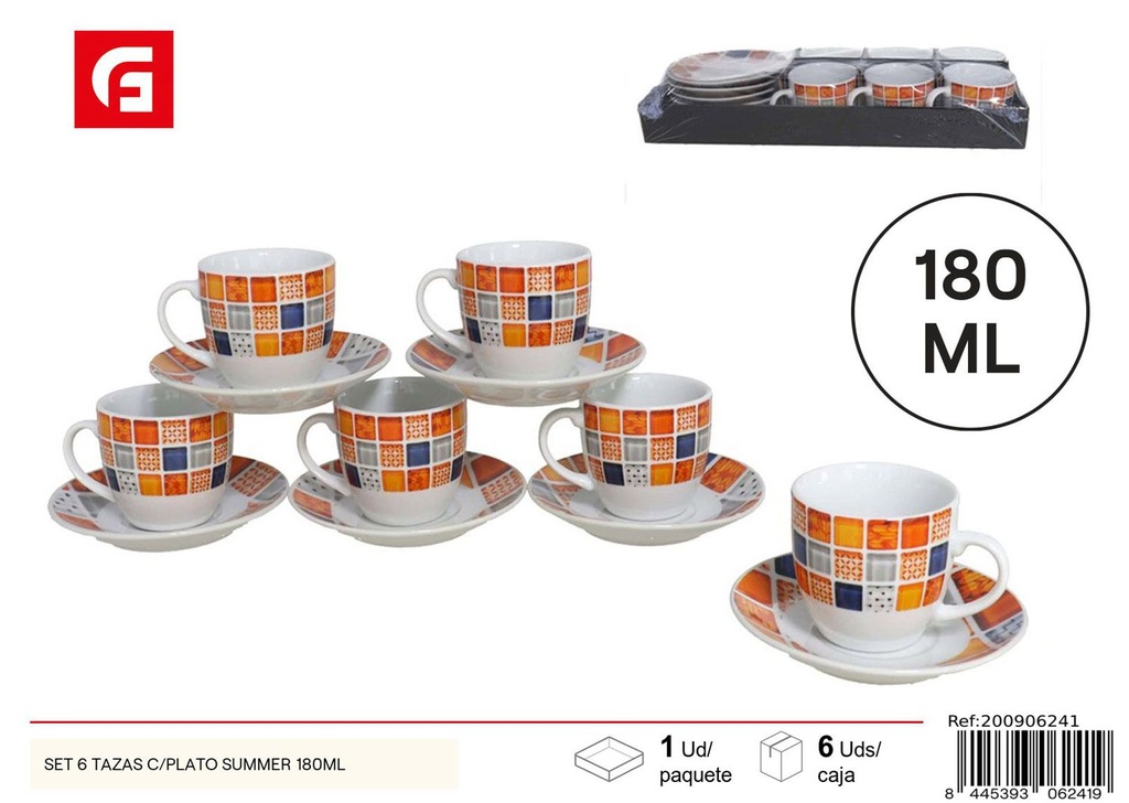 Set de 6 tazas con plato Summer 180ml para bebidas