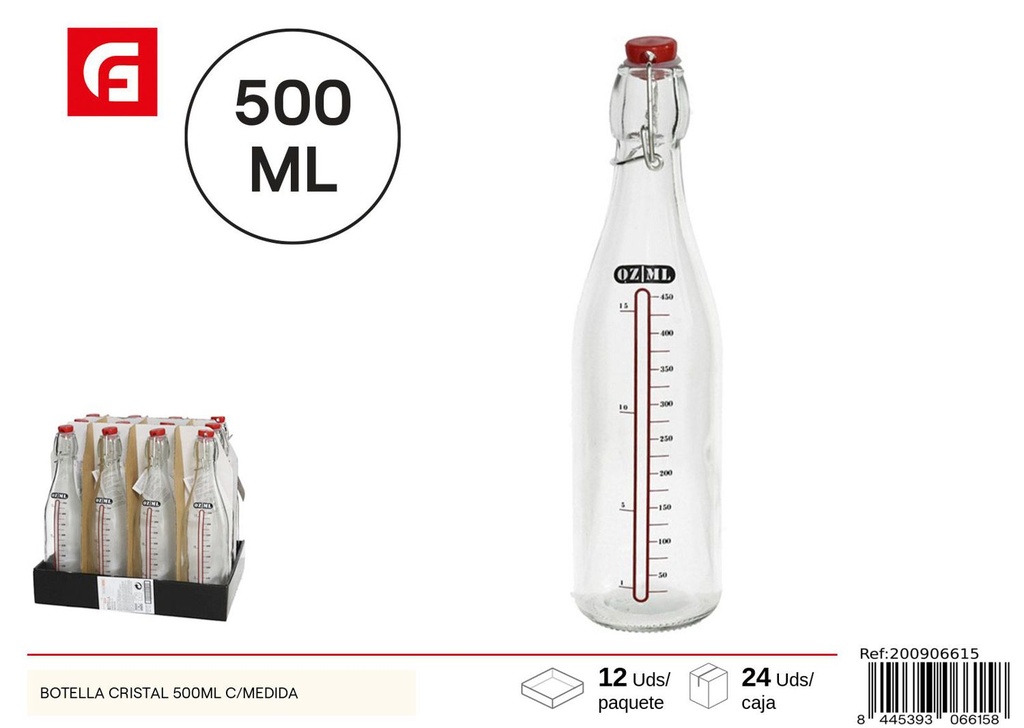 Botella de cristal con medida 500ml para cocina