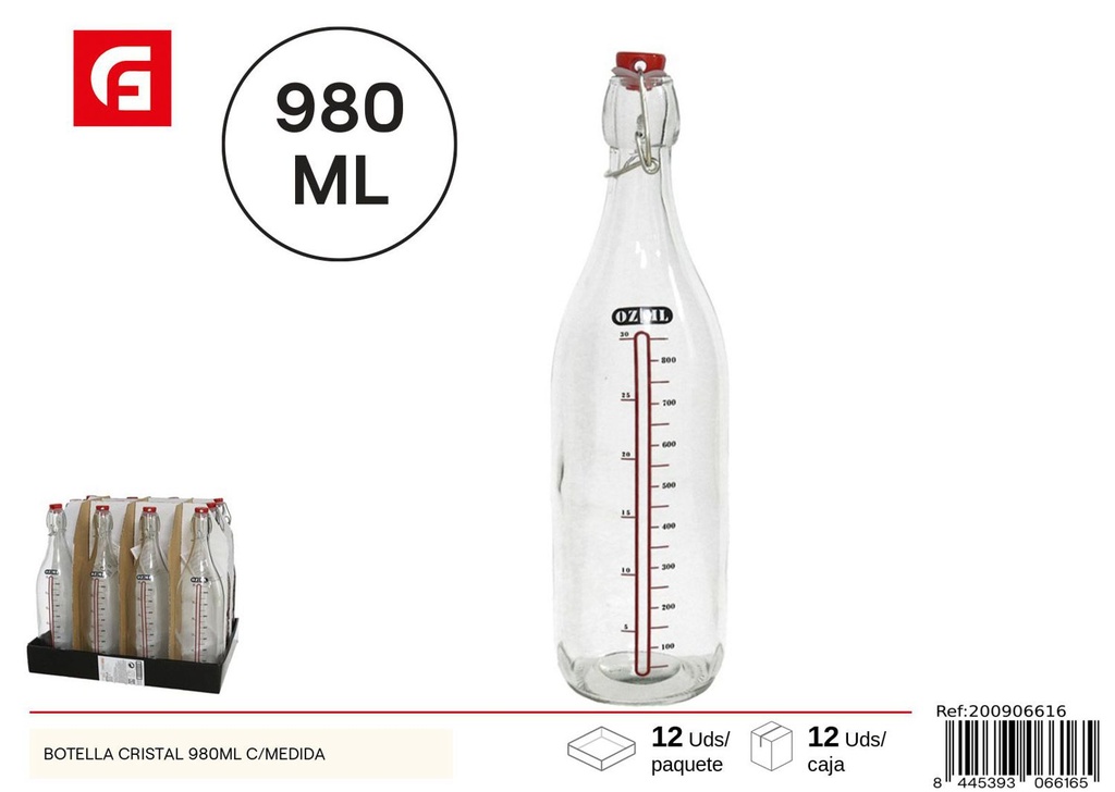 Botella de cristal con medida 980ml