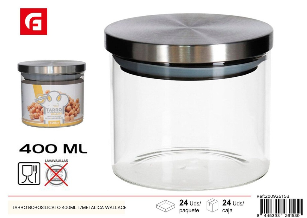 Tarro de borosilicato 400ml con tapa metálica Wallace para almacenamiento