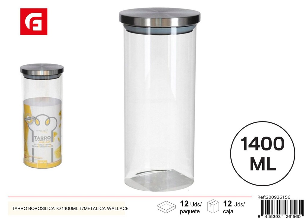 Tarro de borosilicato 1400ml con tapa metálica para almacenamiento