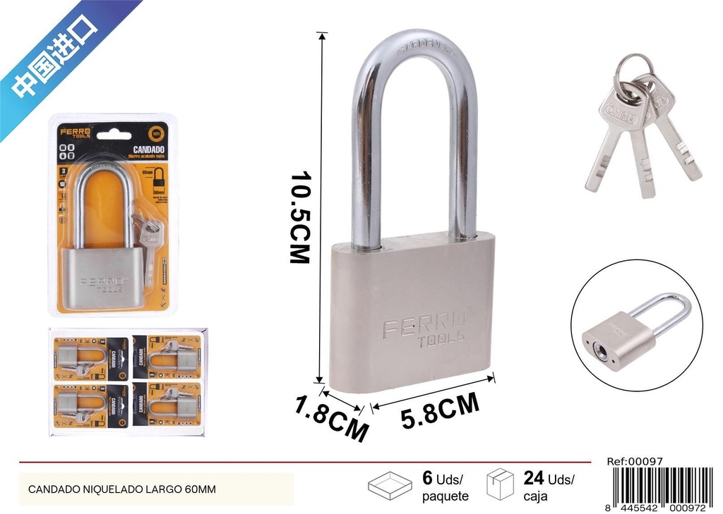 Candado niquelado largo 60mm para seguridad
