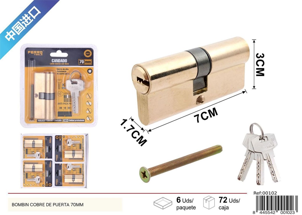 Bombín de puerta de cobre 70mm para seguridad