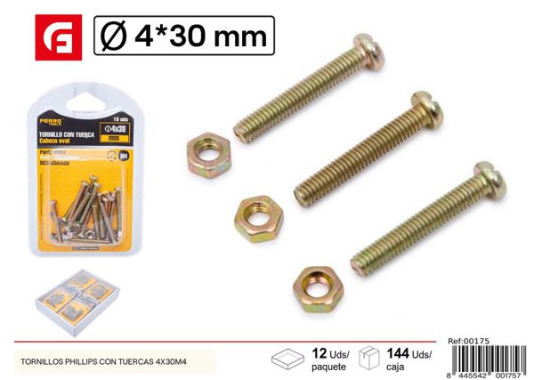 Tornillos Phillips con tuercas 4*30mm+M4 para fijación