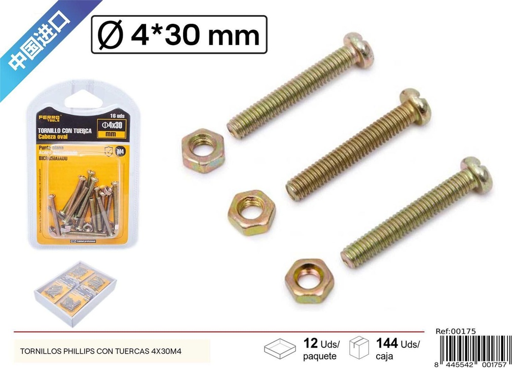 Tornillos Phillips con tuercas 4*30mm+M4 para fijación