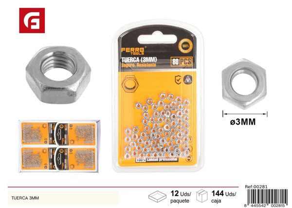 Tuerca hexagonal 3mm para fijación y sujeción