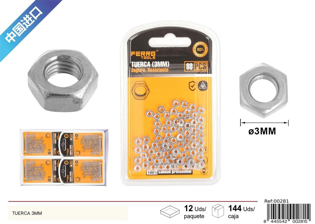 Tuerca hexagonal 3mm para fijación y sujeción