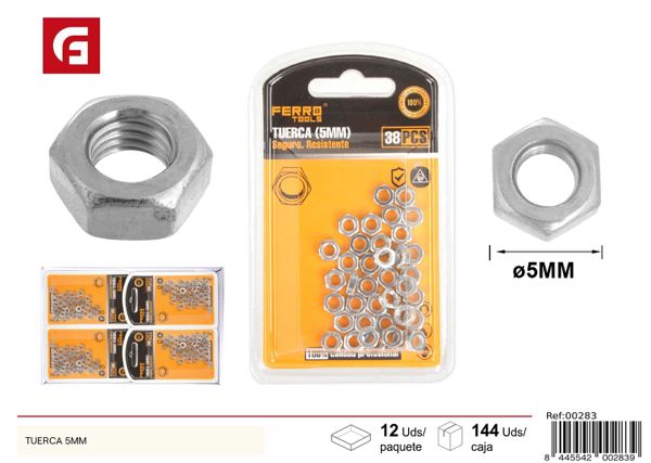 Tuerca hexagonal 5mm para fijación y ensamblaje