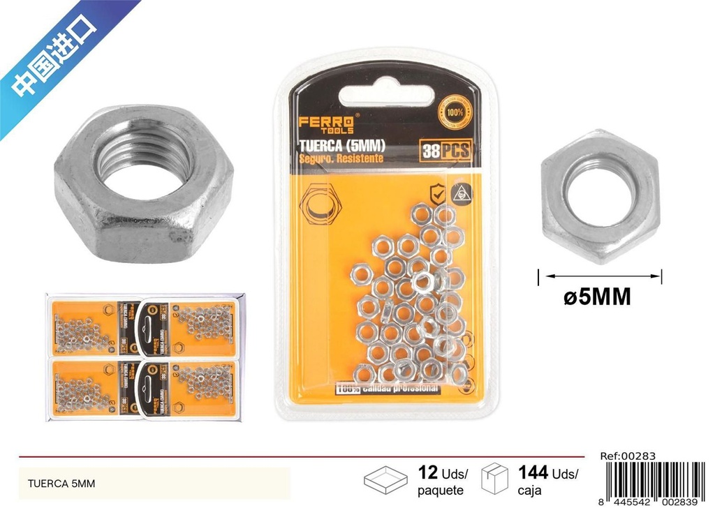 Tuerca hexagonal 5mm para fijación y ensamblaje