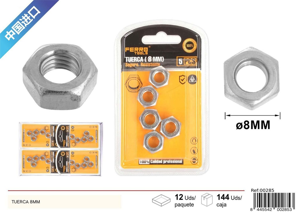 Tuerca hexagonal 8mm para fijación y sujeción