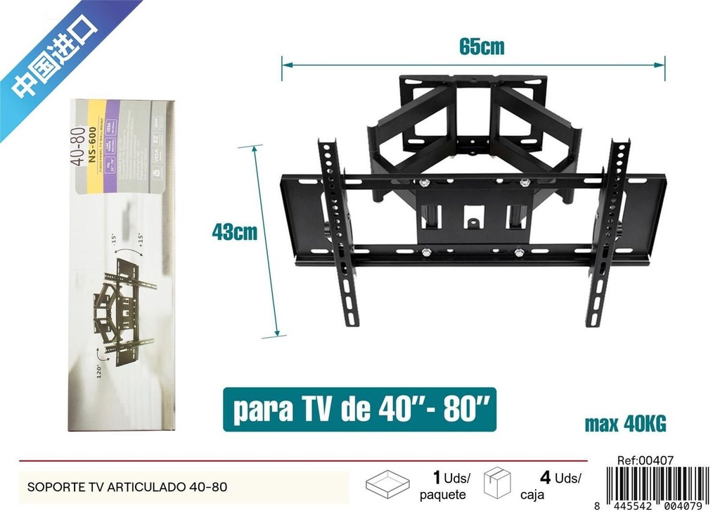 Soporte TV articulado 40-80 pulgadas para montaje de televisores