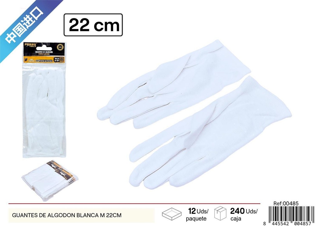 Guantes de algodón blancos M 22cm para trabajos de precisión