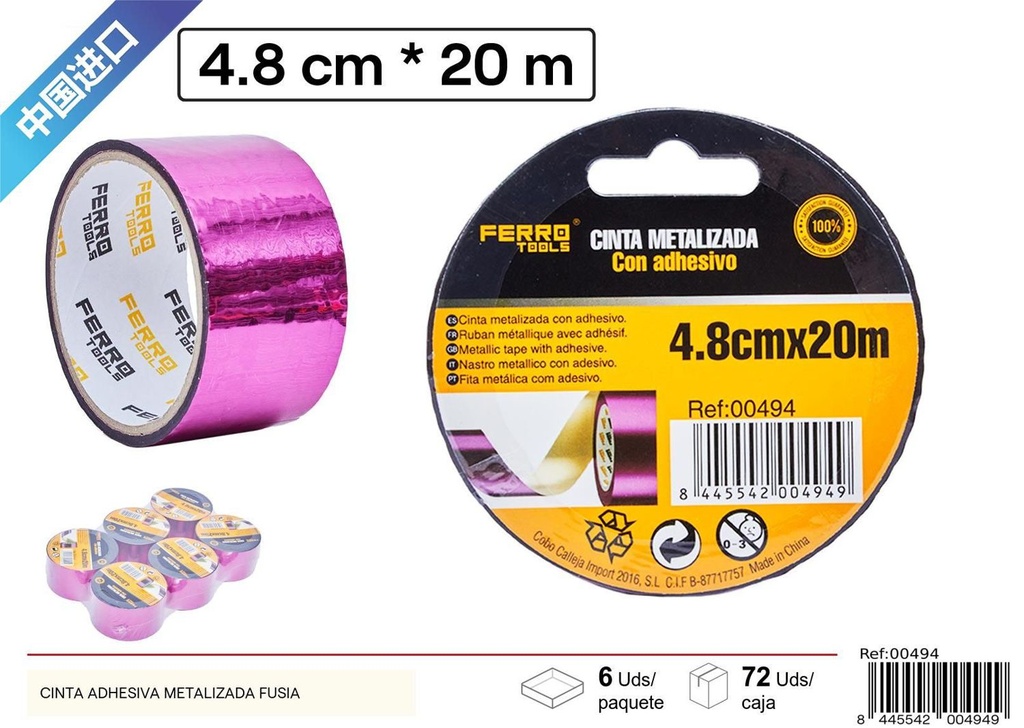 Cinta adhesiva metalizada fucsia 4.8x20m para manualidades y reparaciones