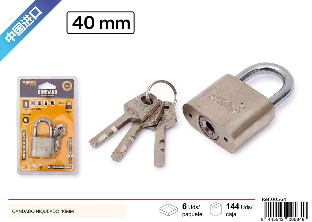 Candado niquelado con esquinas redondeadas 40mm - Seguridad y cerraduras