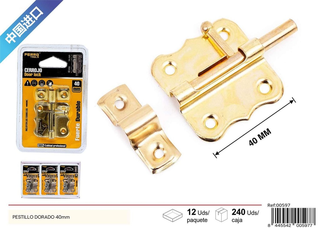 Pestillo dorado 40mm para puertas y ventanas