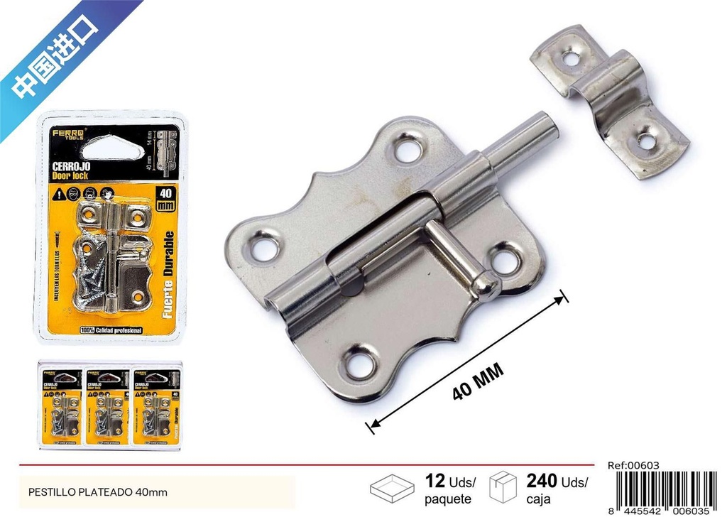 Pestillo plateado 40mm para puertas y seguridad