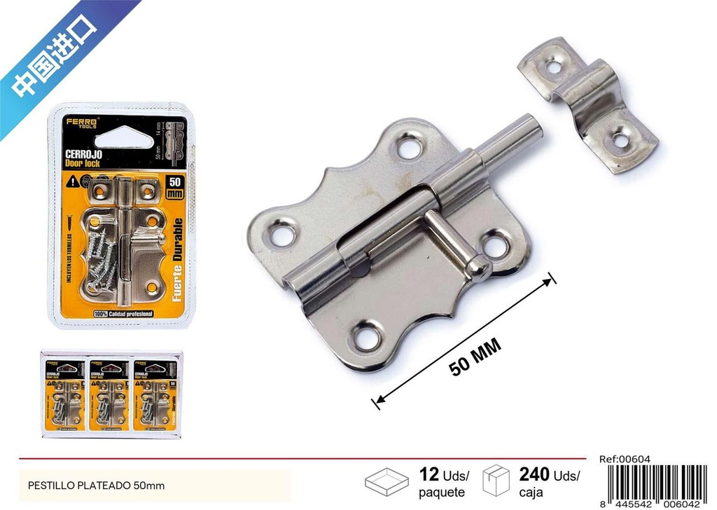 Pestillo plateado de 50mm para seguridad y cerraduras