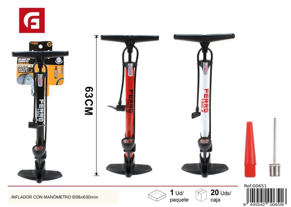 Inflador con manómetro Ø38x630mm para bicicletas