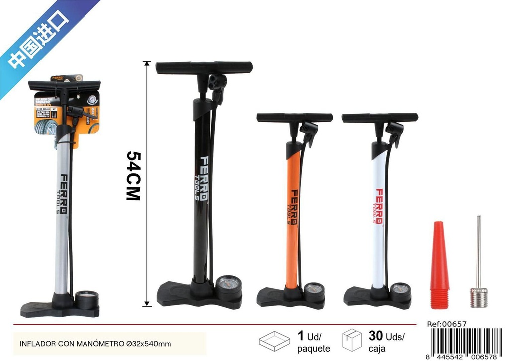 Inflador con manómetro Ø32x540mm para bicicletas y neumáticos