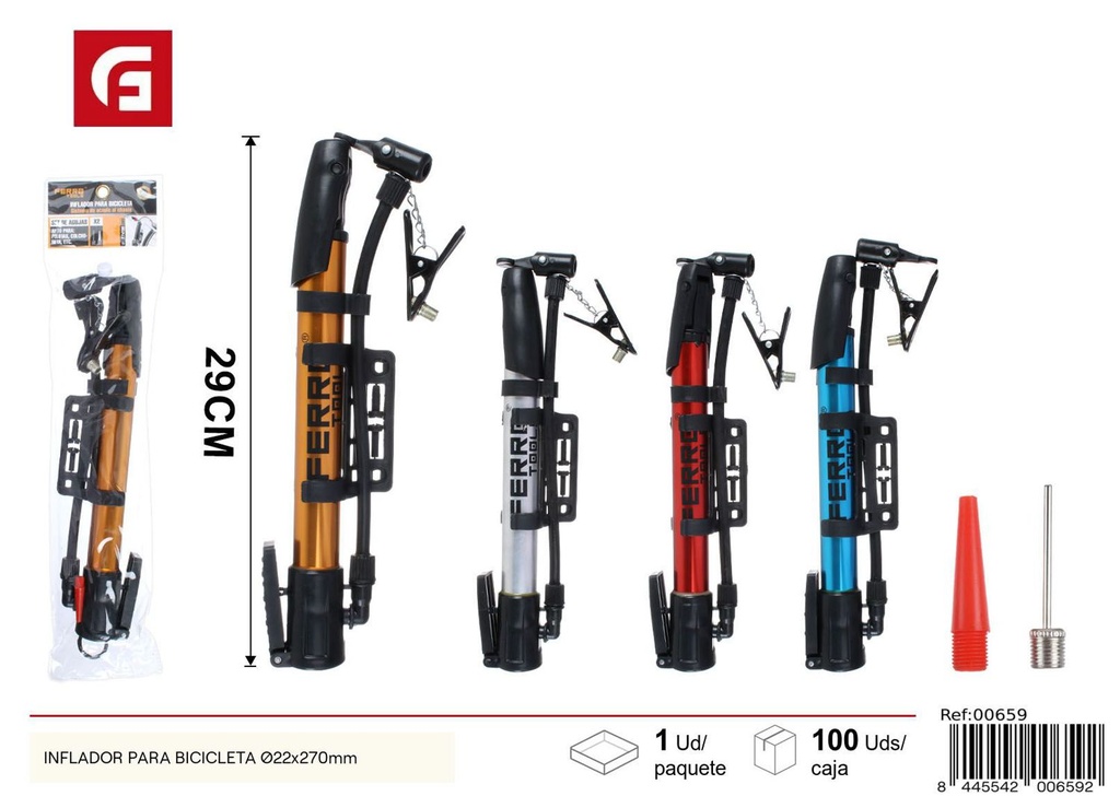 Inflador para bicicleta Ø22x270mm para neumáticos