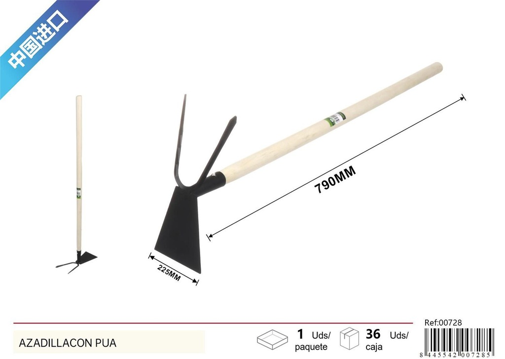 Azadilla con púa 75cm mango de madera para jardinería