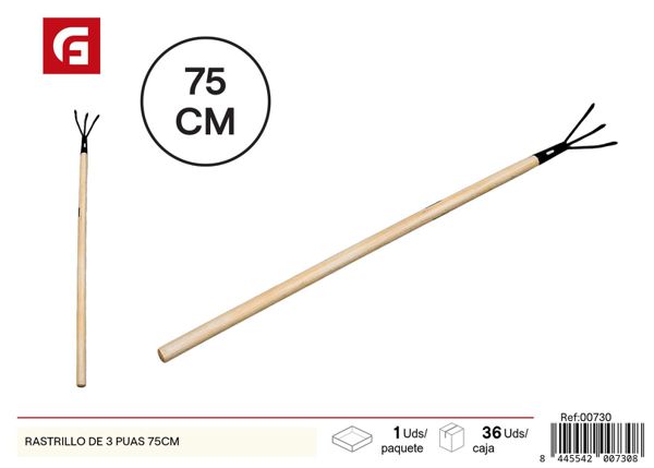 Rastrillo de 3 púas con mango de madera 75cm