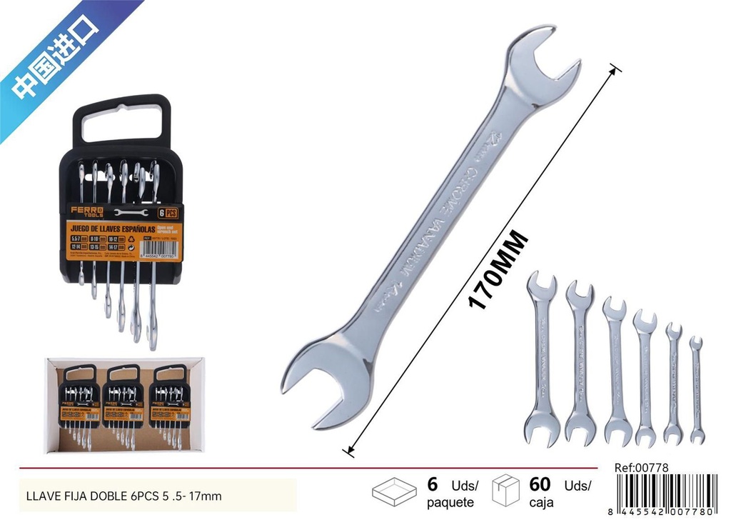 Llave fija doble 6 piezas 5.5-17mm para ferretería