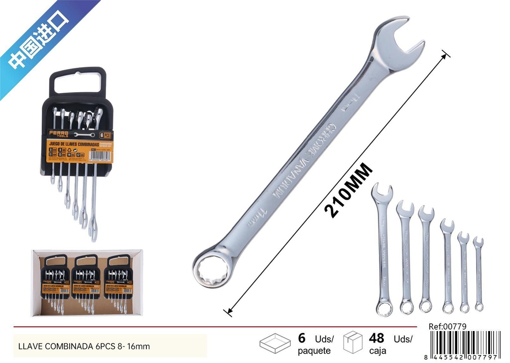 Set de llaves combinadas 6 pcs 8-16 mm - Herramientas de ferretería