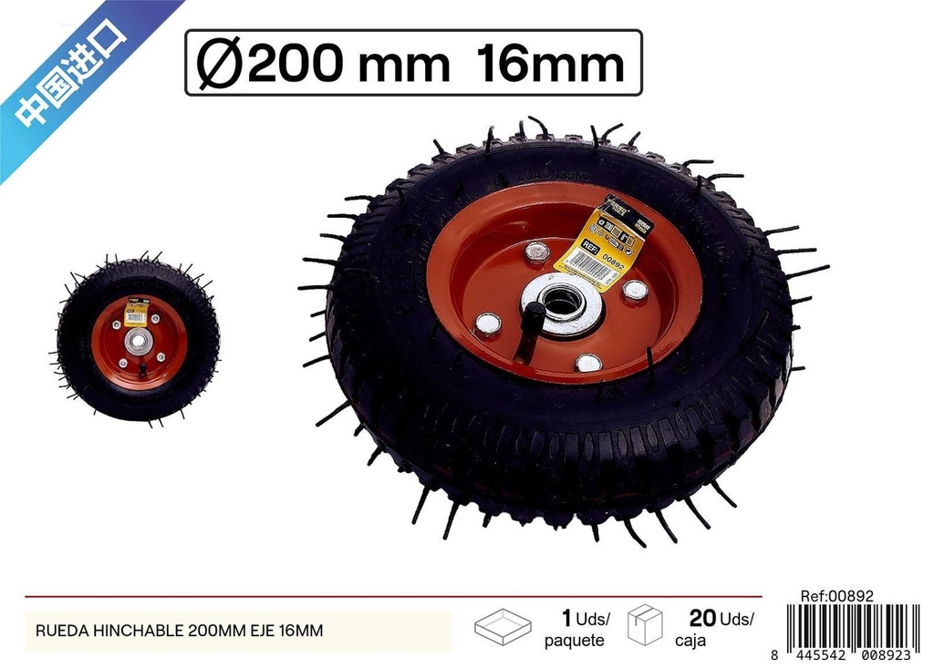 Rueda hinchable 200mm eje 16mm para transporte